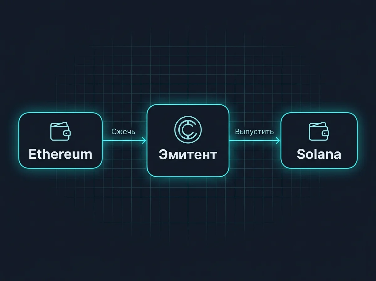 Схема переноса USDC между сетями: сжигание токена в Ethereum и выпуск в Solana