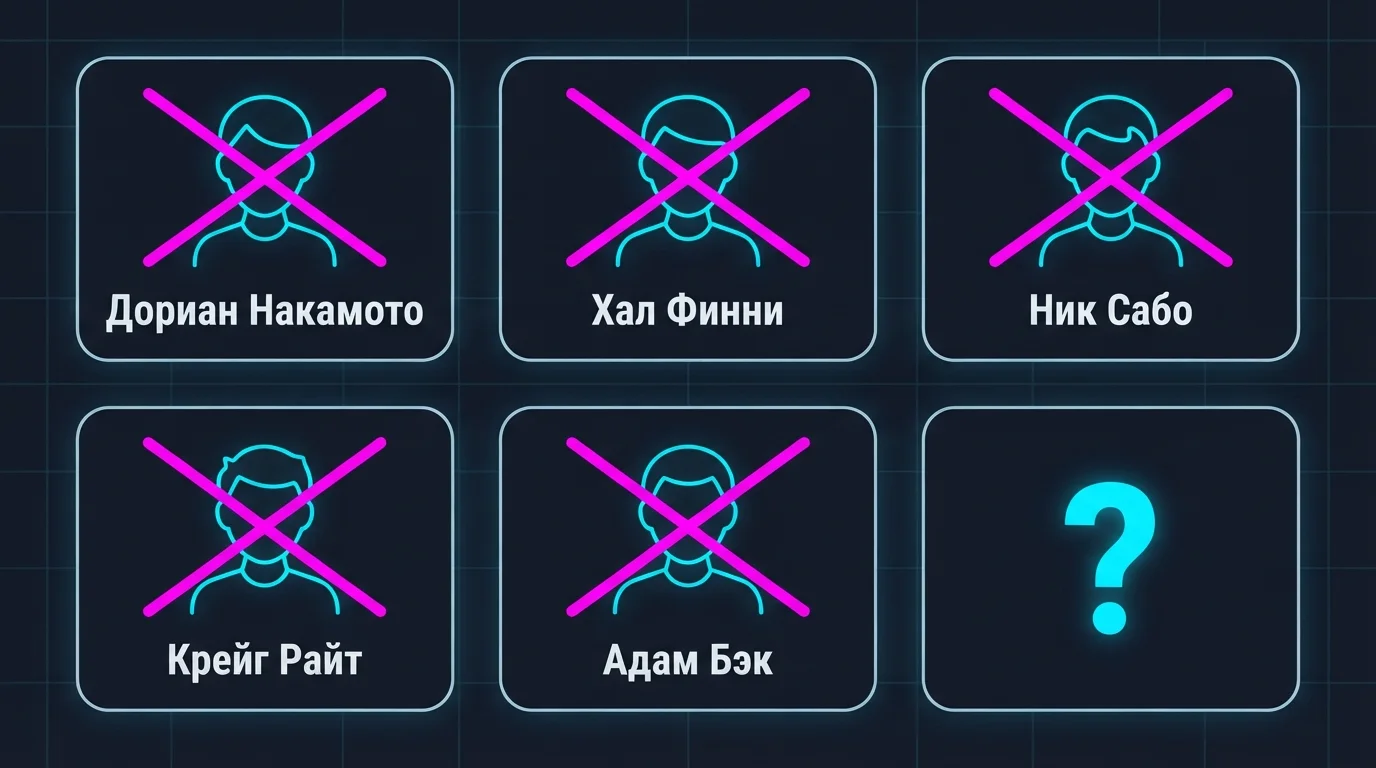 Схема кандидатов на роль Сатоши Накамото: пять опровергнутых версий и шестая пустая карточка
