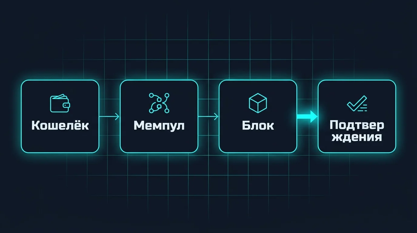 Схема пути транзакции Litecoin: кошелёк, мемпул, блок и рост подтверждений