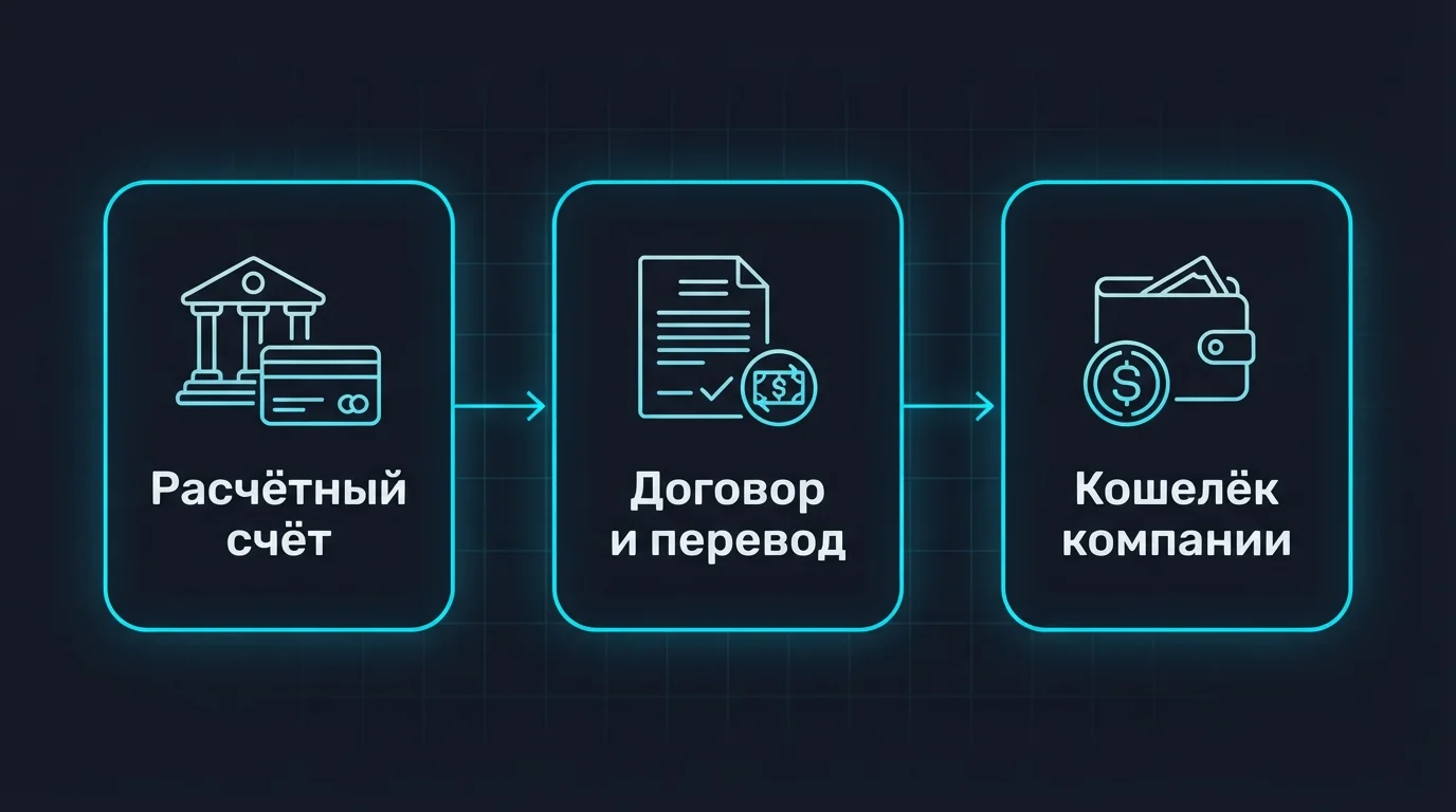 Схема покупки USDT юрлицом: расчётный счёт, перевод обменнику по договору и зачисление на кошелёк компании