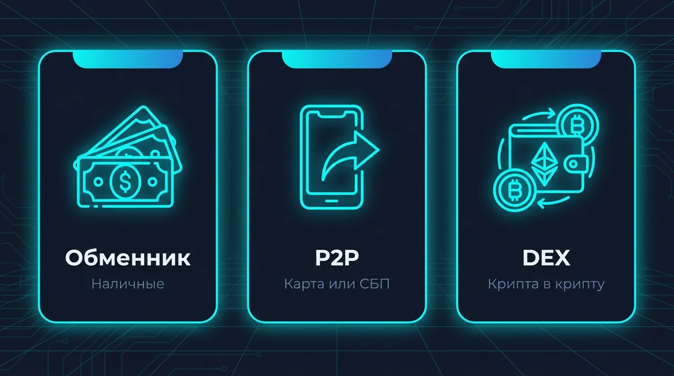 Инфографика: три маршрута покупки криптовалюты в Крыму — обменник, P2P и DEX
