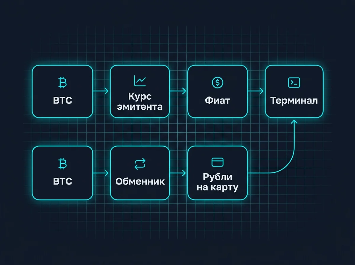 Схема двух маршрутов продажи биткоина: через крипто-карту и через обменник на рубли