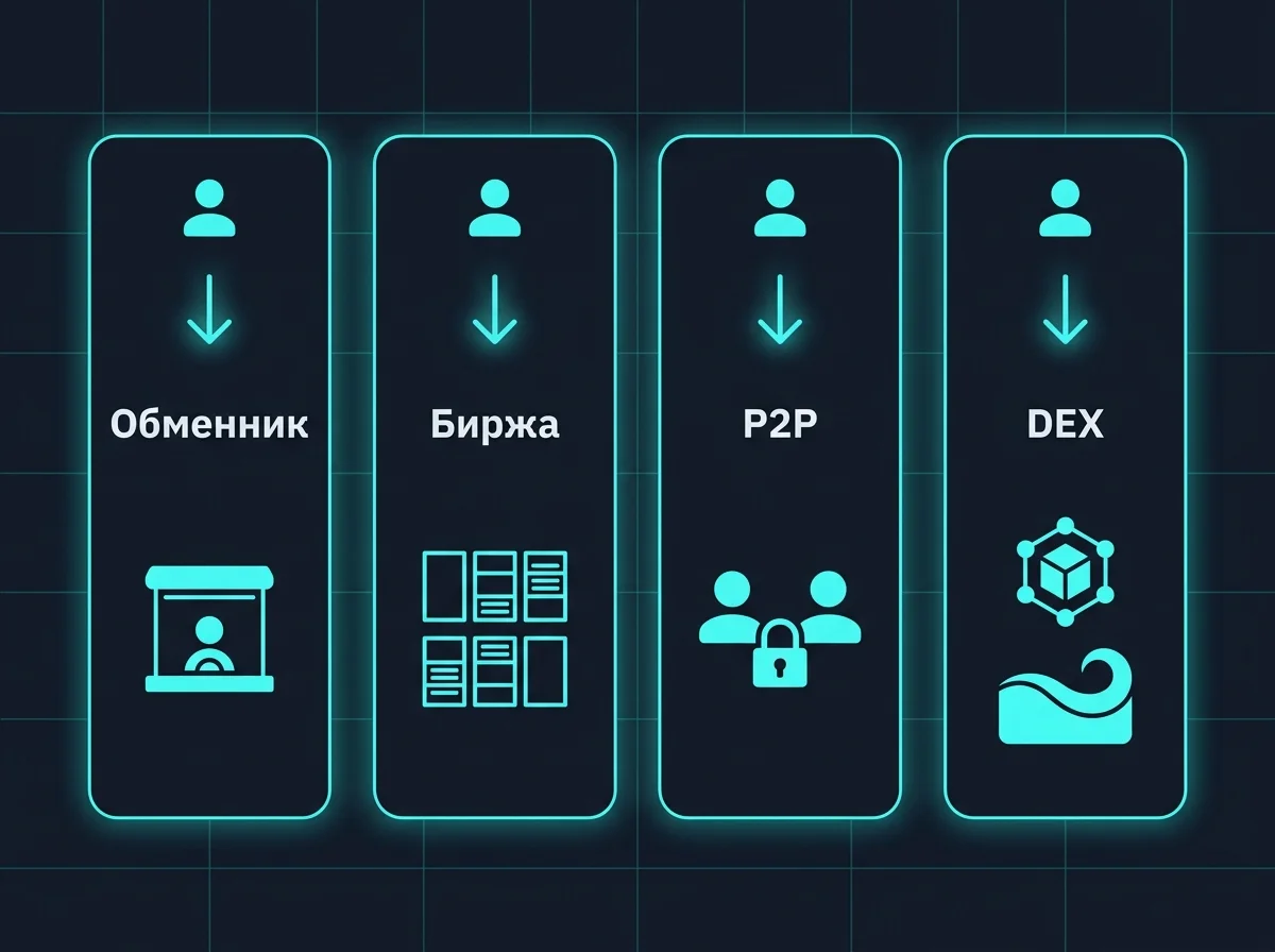 Схема четырёх каналов обмена криптовалюты: обменник, биржа, P2P и DEX
