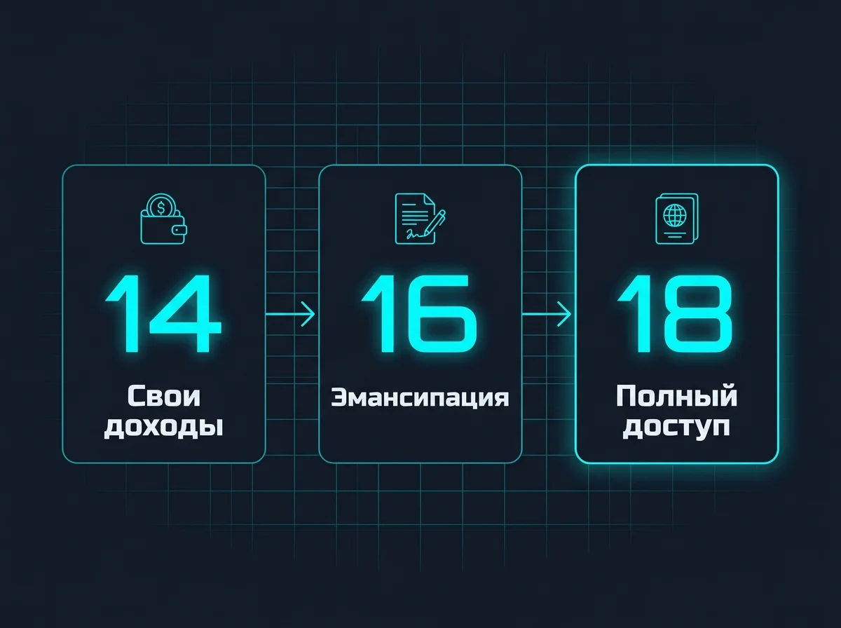 Схема возрастных порогов покупки криптовалюты: 14, 16 и 18 лет