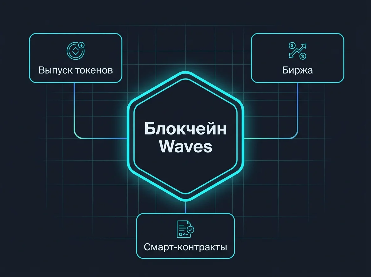 Схема платформы Waves: блокчейн в центре, выпуск токенов, биржа и смарт-контракты
