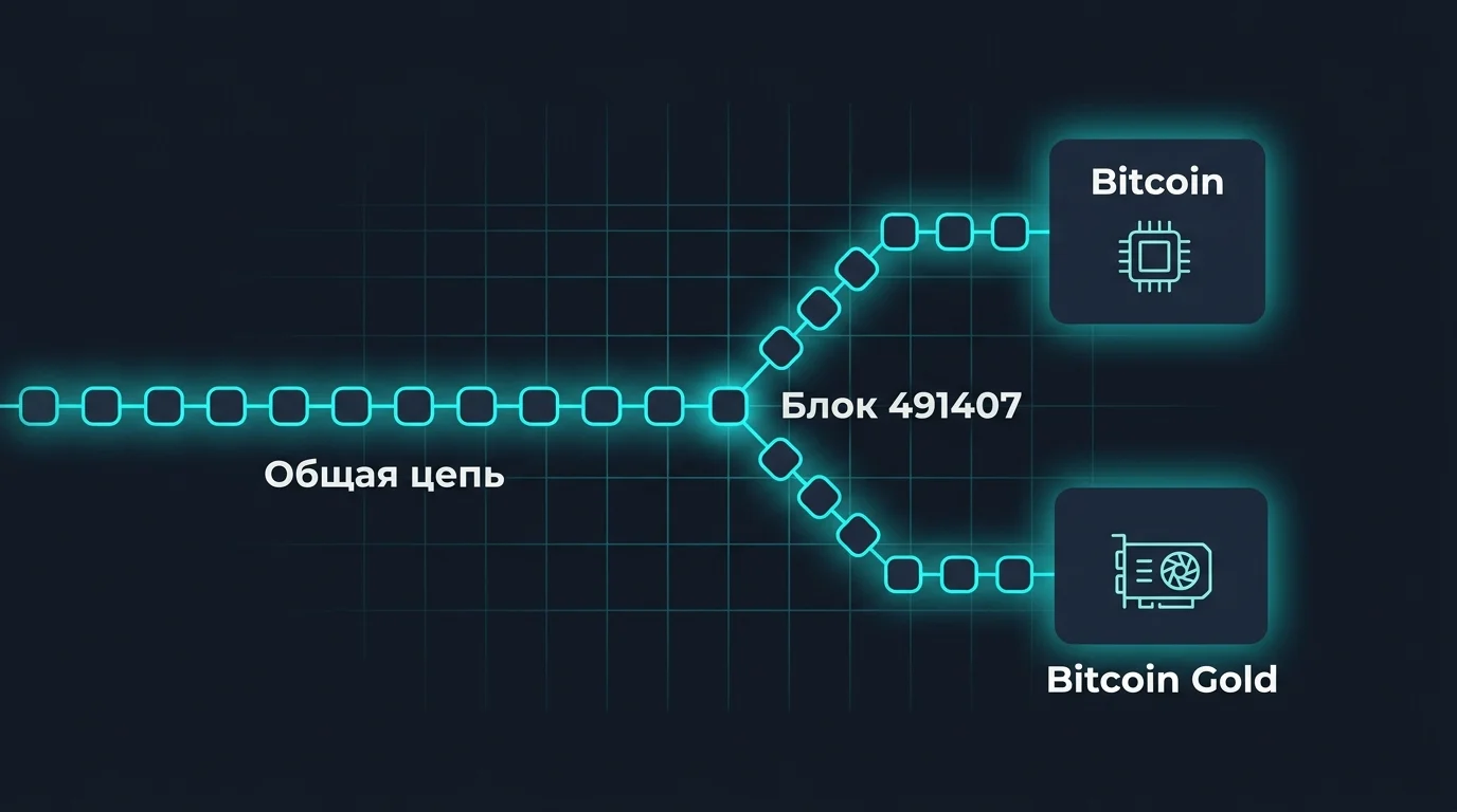Схема хардфорка Bitcoin Gold: общая цепь до блока 491407 и две независимые ветви сети