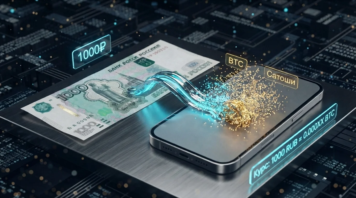 Купюра 1000 рублей и экран смартфона с дробным количеством биткоина