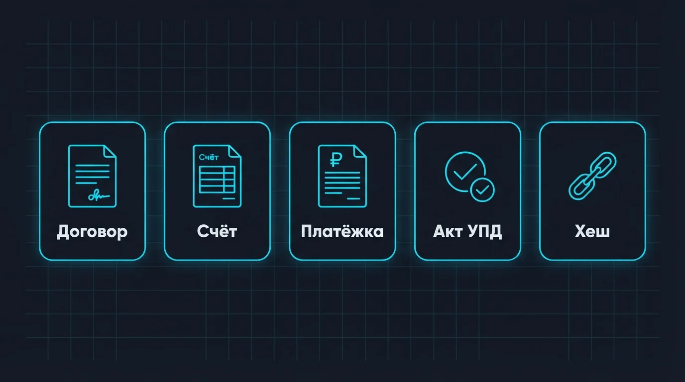 Пакет документов по сделке юрлица с обменником: договор, счёт, платёжное поручение, акт УПД и хеш транзакции