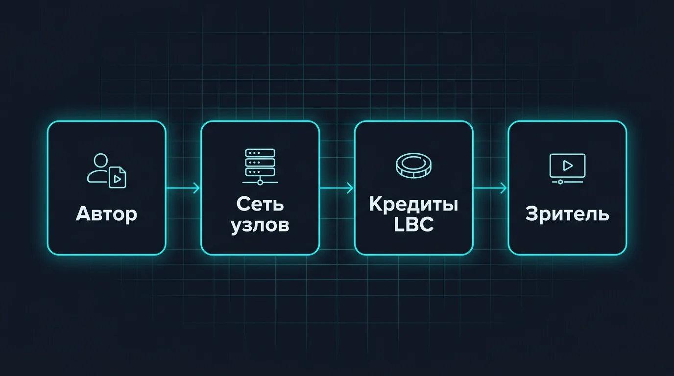 Схема протокола LBRY: автор публикует файл, кредиты LBC оплачивают адрес и доступ зрителя