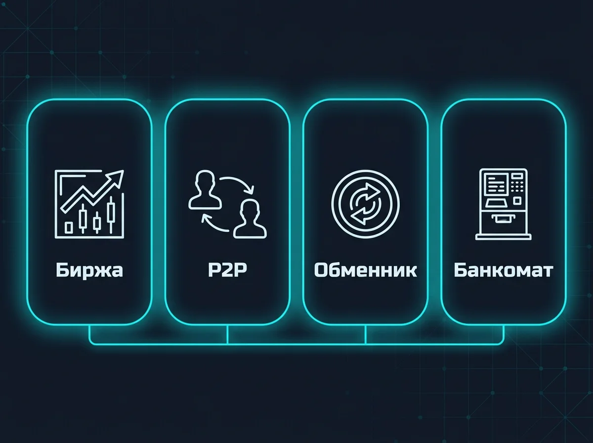 Схема способов купить криптовалюту за тенге: биржа, P2P, обменник и криптобанкомат