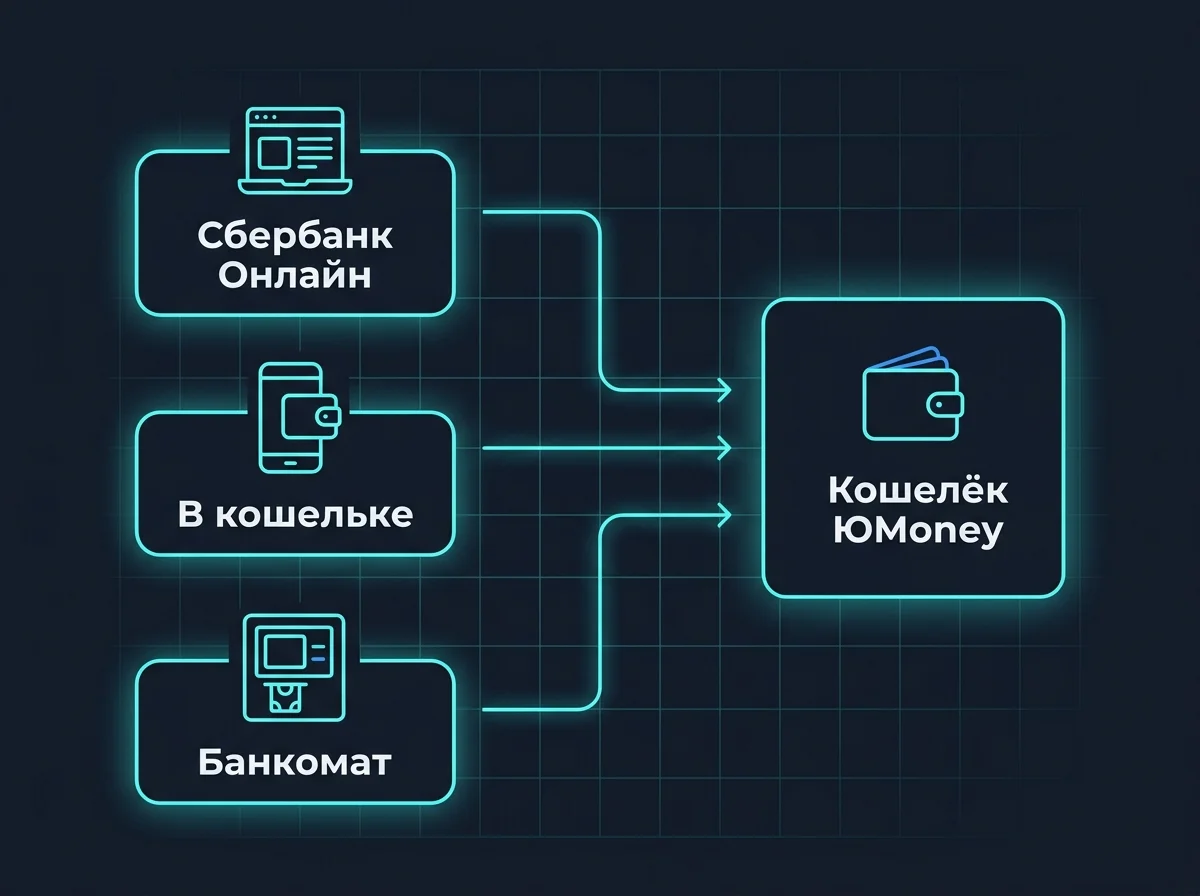 Схема трёх способов пополнения кошелька ЮMoney с карты Сбербанка: онлайн-банк, приложение кошелька и банкомат