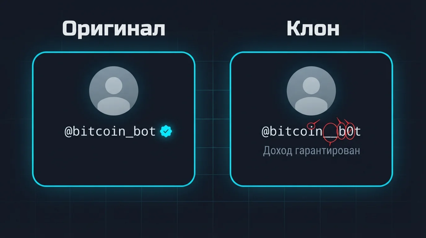 Сравнение профиля проверенного Телеграм-бота и скам-клона: отличия в имени и описании