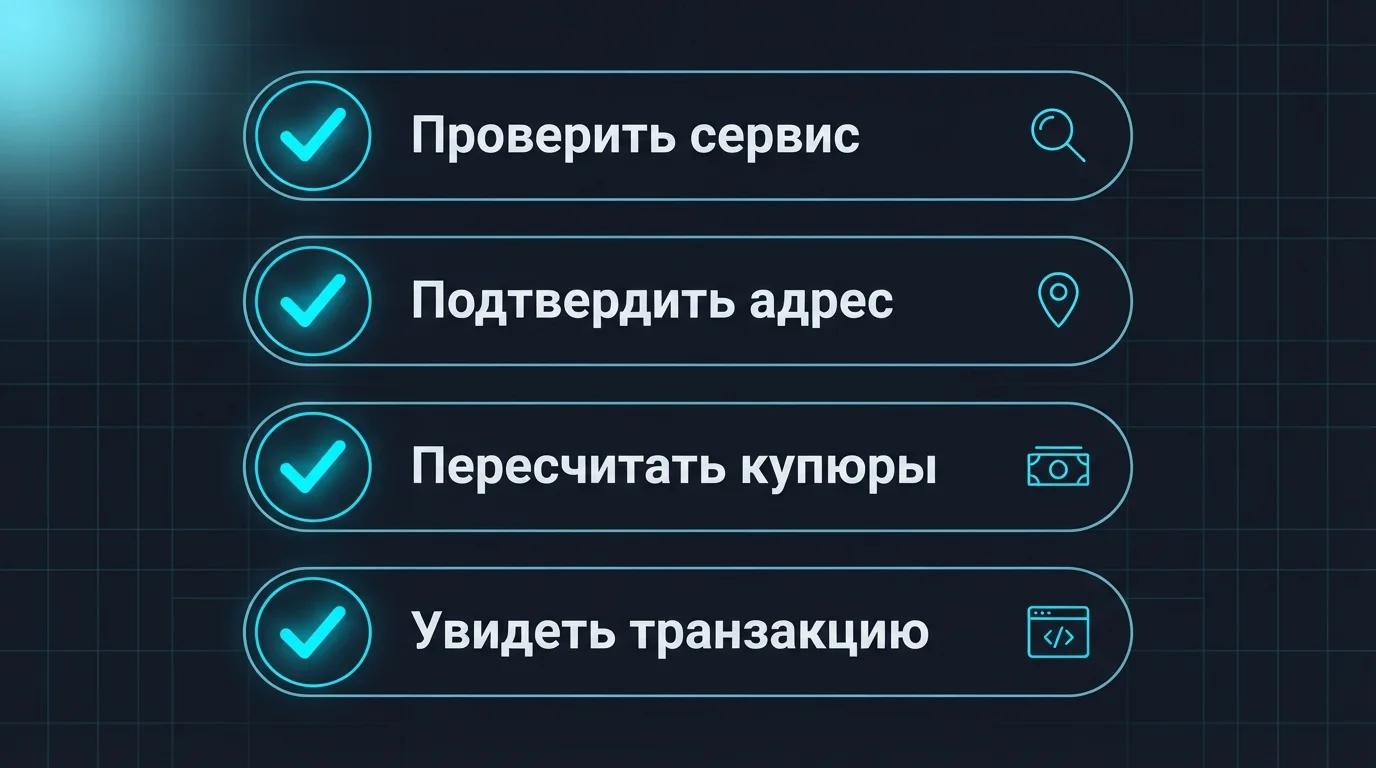 Чеклист безопасности офлайн-обмена криптовалюты: проверка сервиса, адреса, купюр и транзакции
