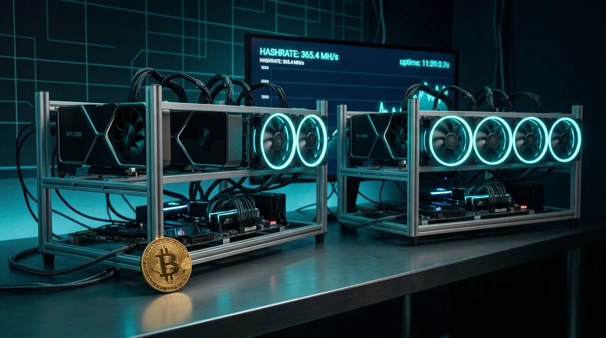 Видеокарты в майнинг-риге и логотип криптовалюты Bitcoin Gold
