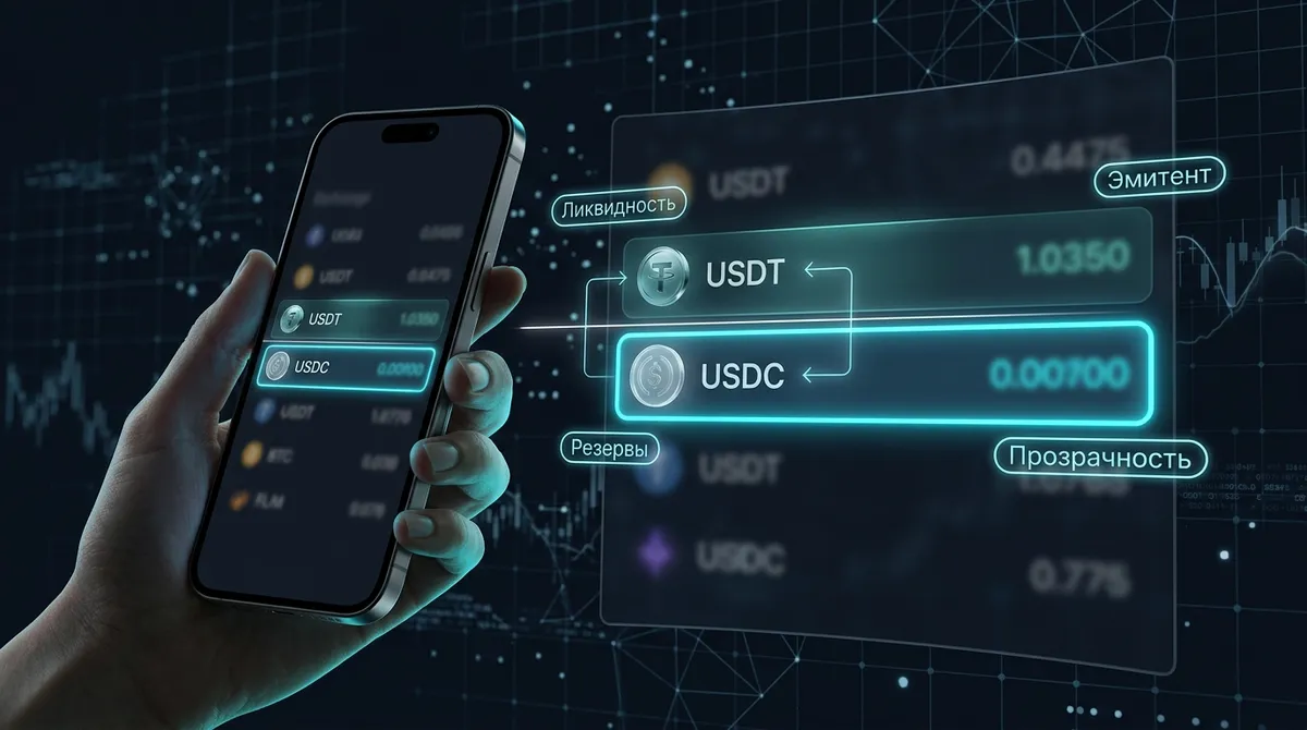 Строки USDC и USDT рядом в списке курсов обменника на экране