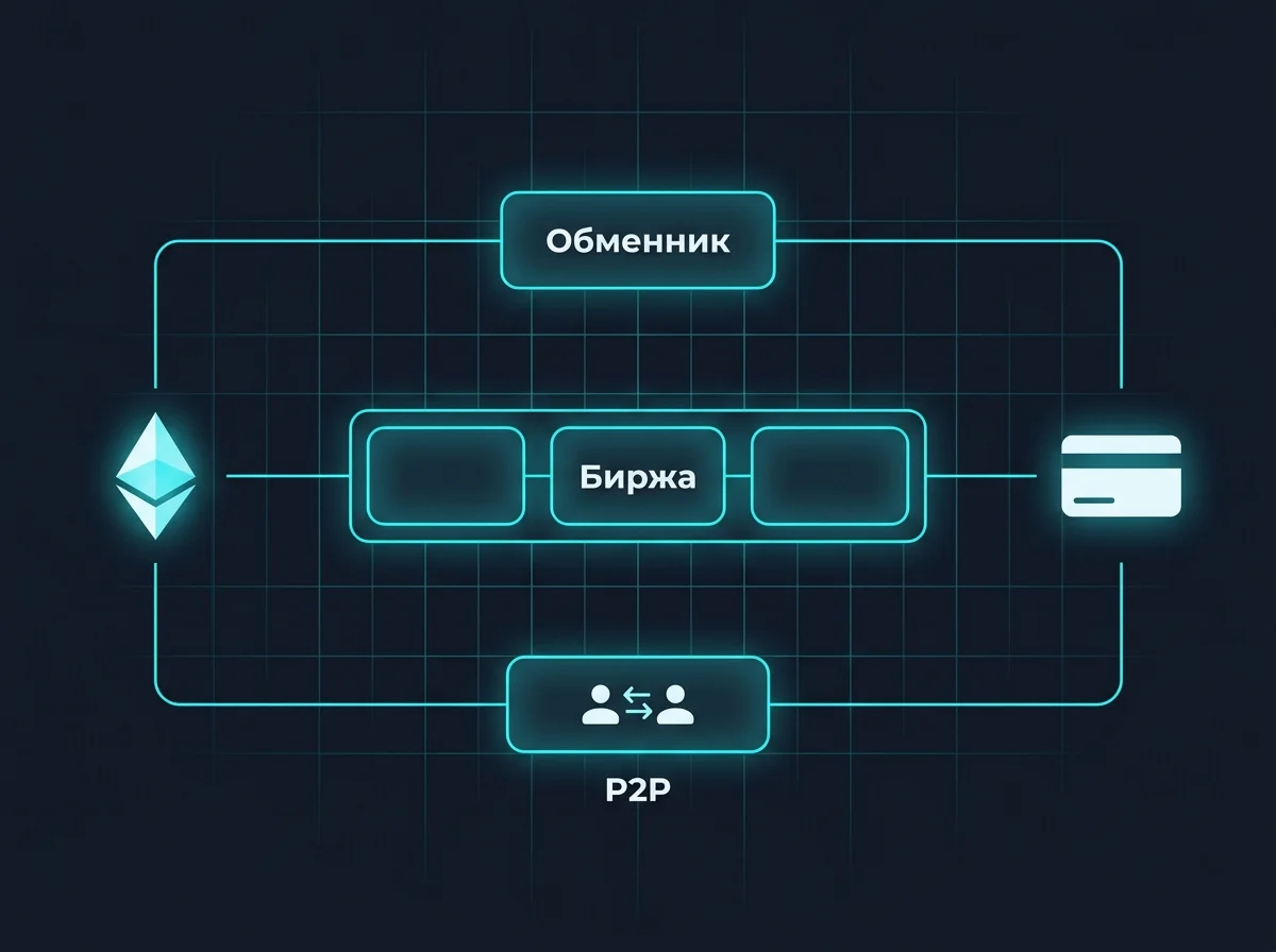 Схема трёх маршрутов вывода эфириума в рубли на карту: обменник, биржа и P2P