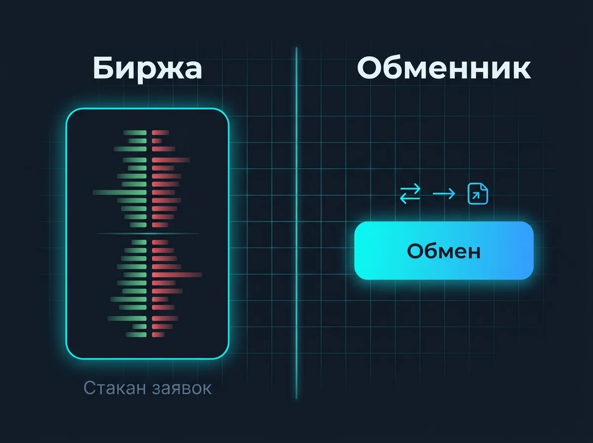 Схема сравнения биржи EXMO и обменника: стакан заявок против одной кнопки обмена