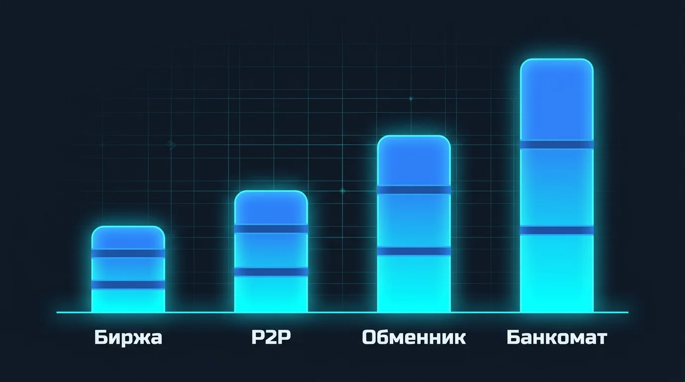 Сравнение стоимости покупки криптовалюты по каналам: биржа, P2P, обменник и криптобанкомат
