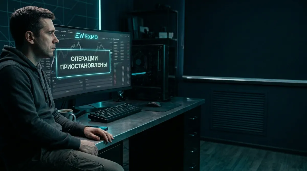Погасший торговый терминал биржи EXMO с уведомлением о приостановке операций