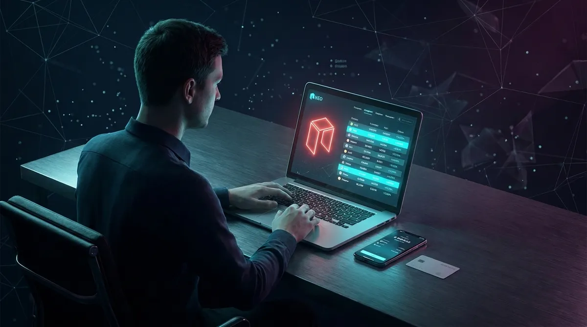 Покупка криптовалюты NEO за рубли: сравнение курсов обменников на экране ноутбука