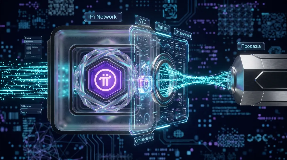 Концептуальная 3D-иллюстрация вывода Pi Network: фиолетовый узел Pi в стеклянном хранилище с голографическим барьером и узким циановым каналом вывода на фоне блокчейн-сеток.
