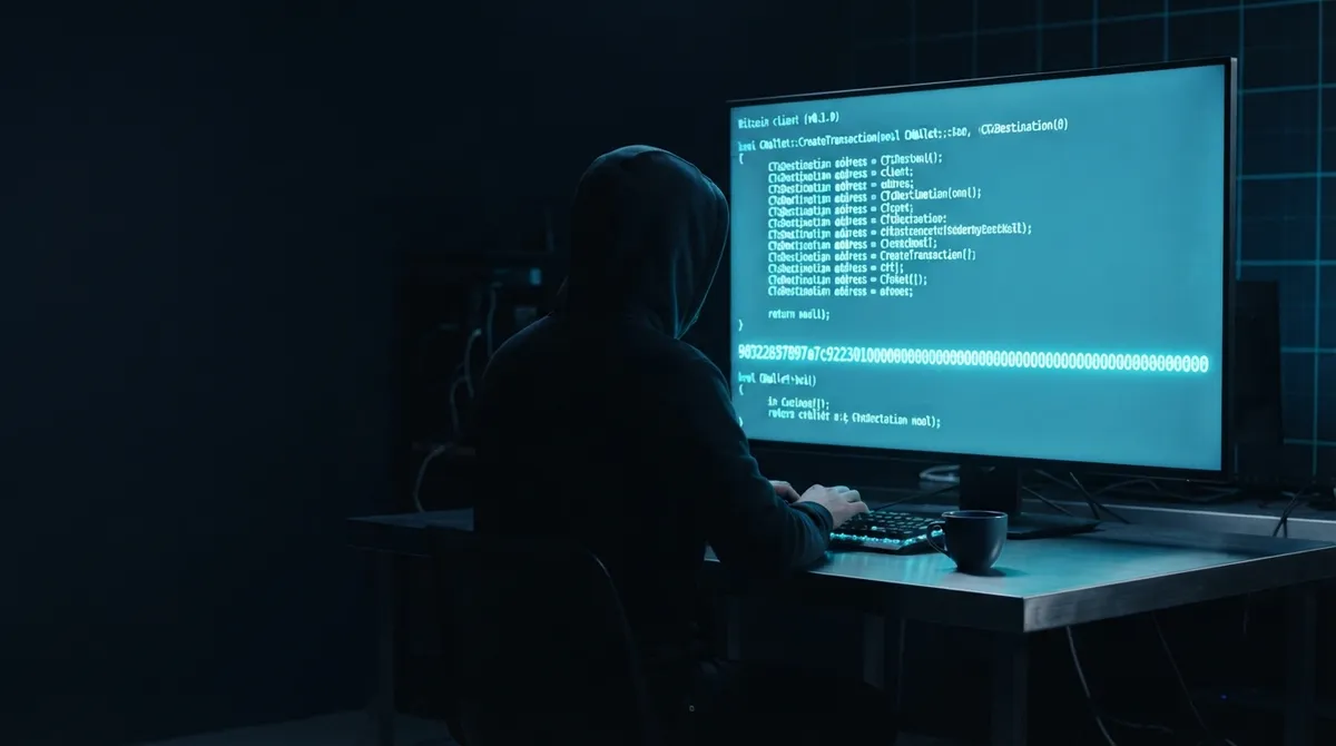 Силуэт анонимного создателя биткоина Сатоши Накамото на фоне первых блоков сети