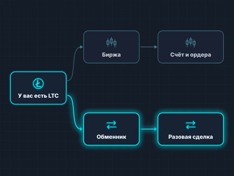 Схема: два маршрута для владельца Litecoin — биржа со счётом и обменник с разовой сделкой