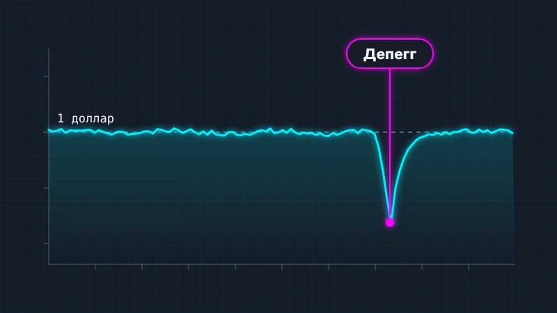График курса USDT около 1 доллара с мелкими колебаниями и провалом-депеггом