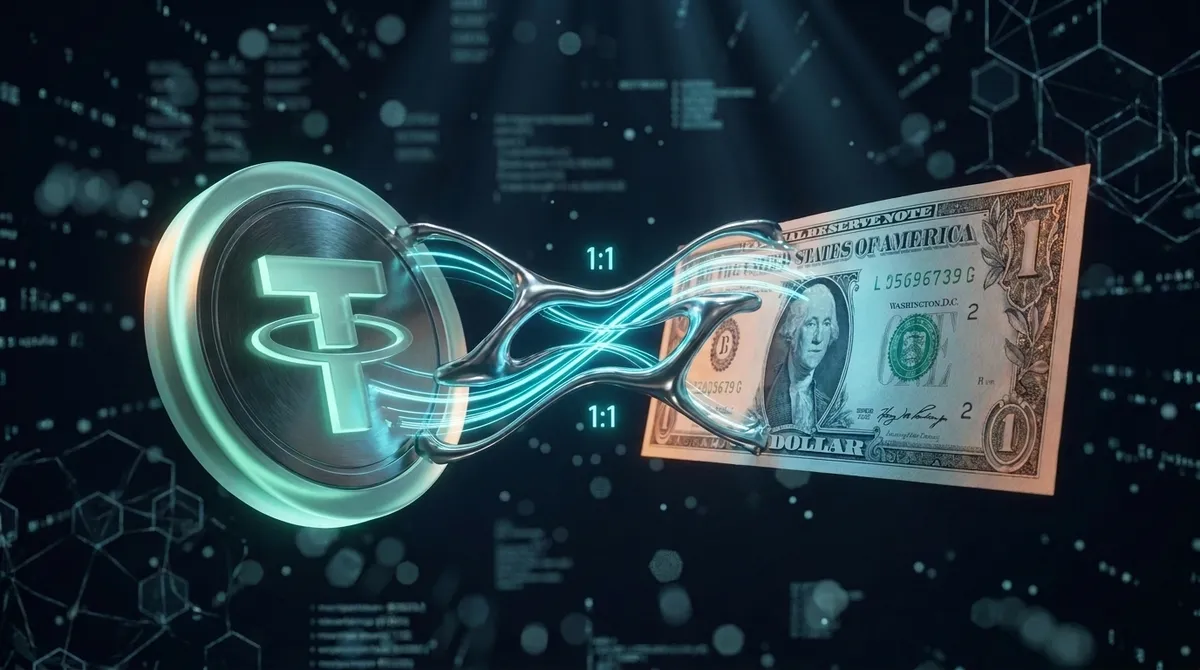 Монета USDT Tether рядом с долларовой купюрой — привязка стейблкоина к доллару